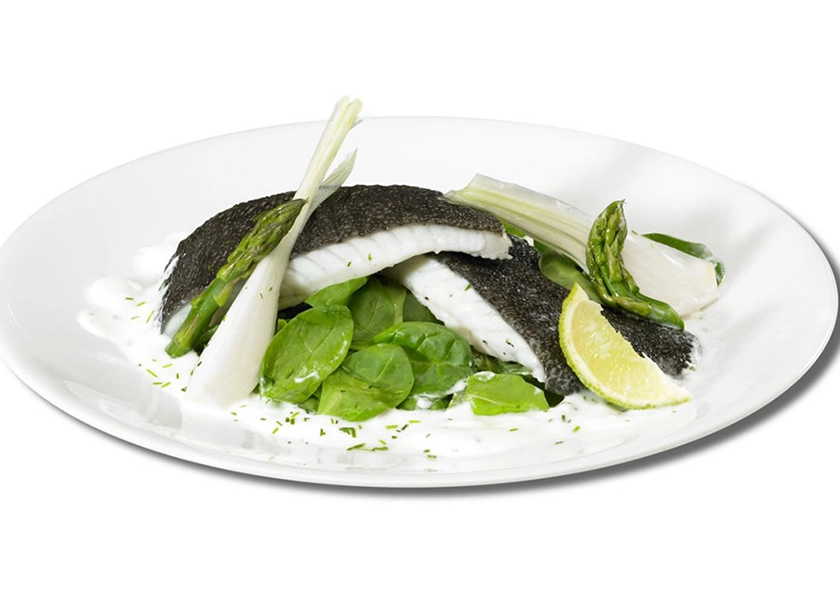 Rodaballo a la Plancha, Verduras y Salsa de Eneldo