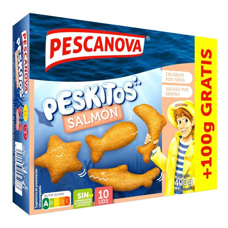 Render 3D del envase de Peskitos de Salmón Grumete Pescanova