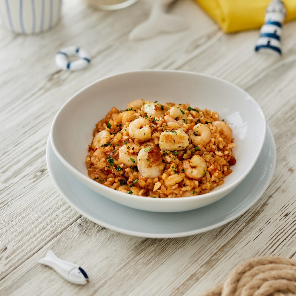 Arroz caldoso con gambas y vieiras
